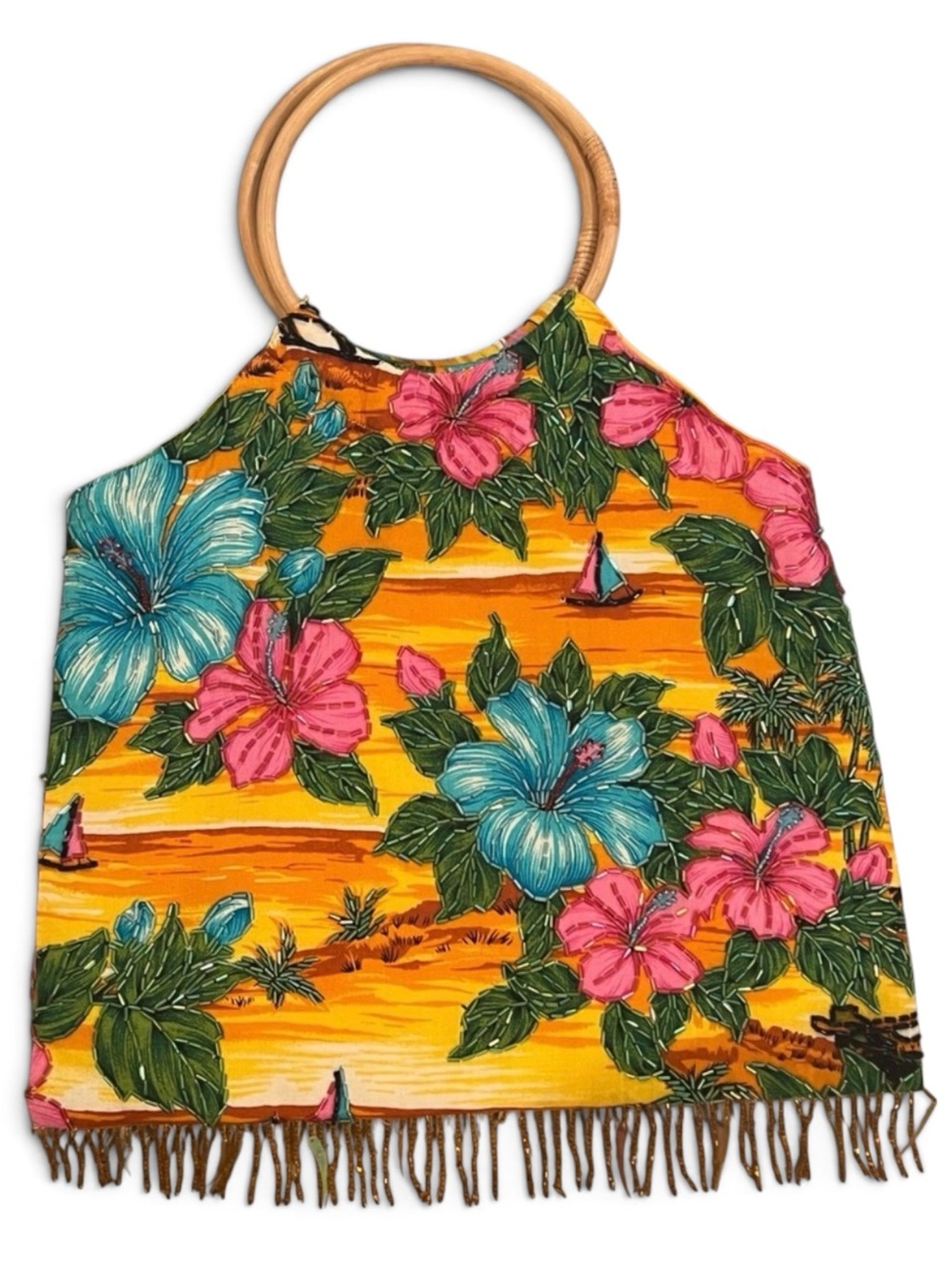 Vintage Hawaiian Hibiscus Beaded Bamboo Bag Hand Made Indonesia
